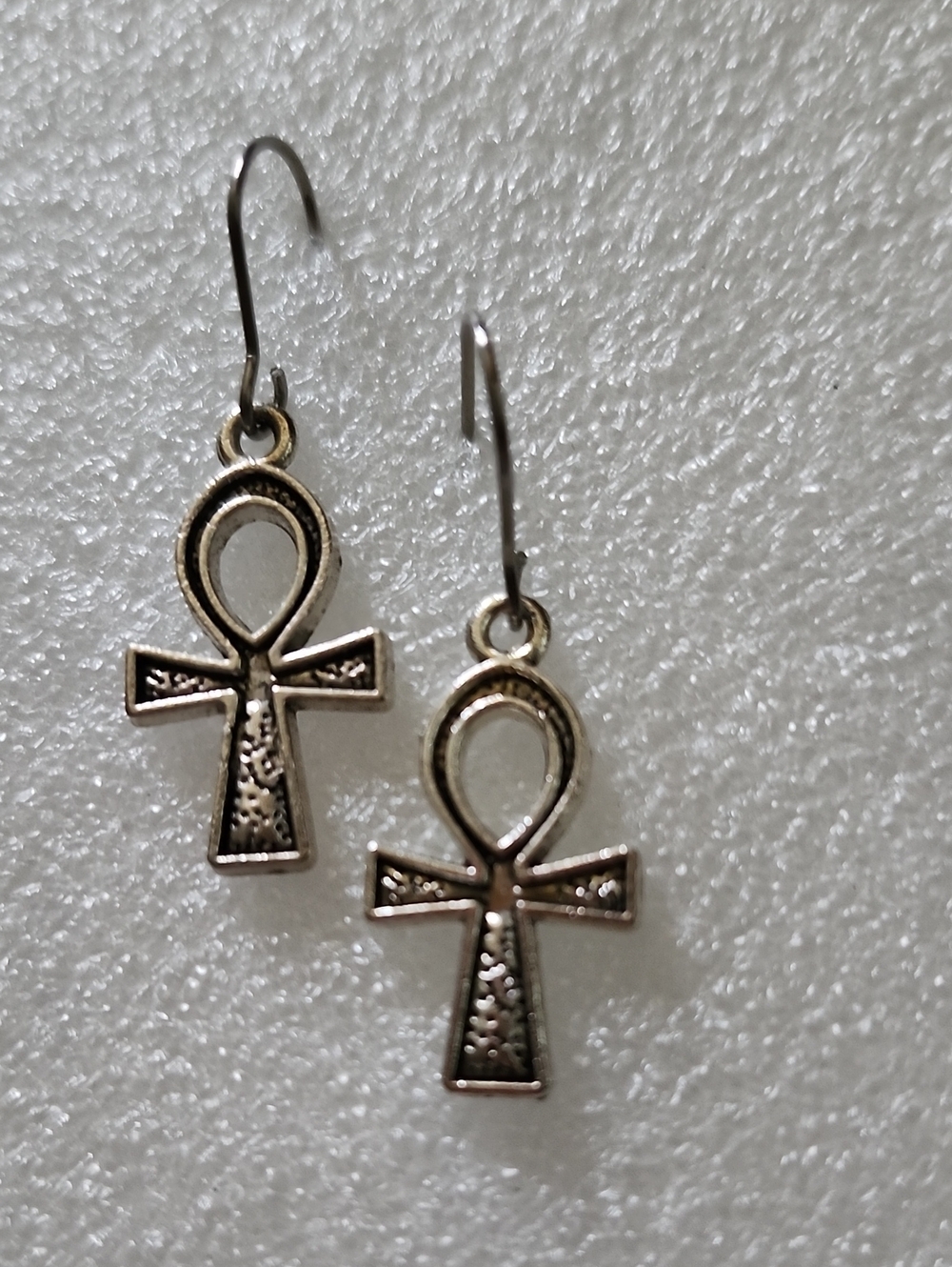 Hand Crafted Antique Silver Tone Ankh Dangle Earrings